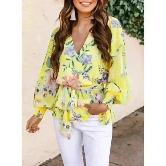 PINK LILY YELLOW FLORAL ELASTIC WAIST BELTED SMOCKED SLEEVE BLOUSE SIZE S EASTER - Picture 1 of 12